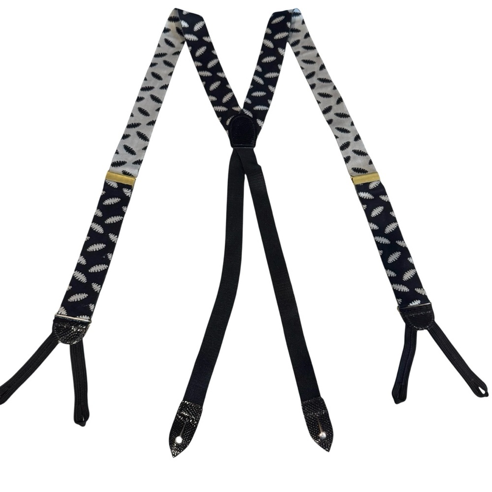 Cole Haan Suspenders Woven Leaf Black Leather Button Solid Brass